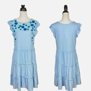 Gaby & Gracie Blue Flower Ruffle Tiered Dress with Floral Embroidery, Size L